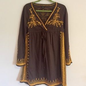 Lucky Brand BoHo Mini Dress Gold Stitching